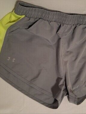 Women's Under Armour Gray Shorts with Neon Yellow Mesh Panels, Size Medium